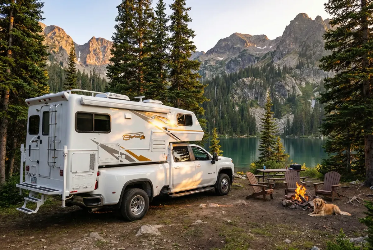 Bigfoot Truck Camper in a scenic mountain setting
