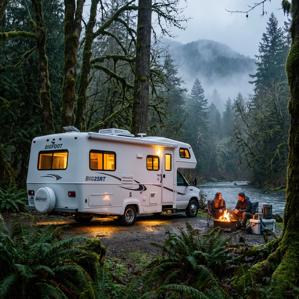 Bigfoot RV in a misty forest